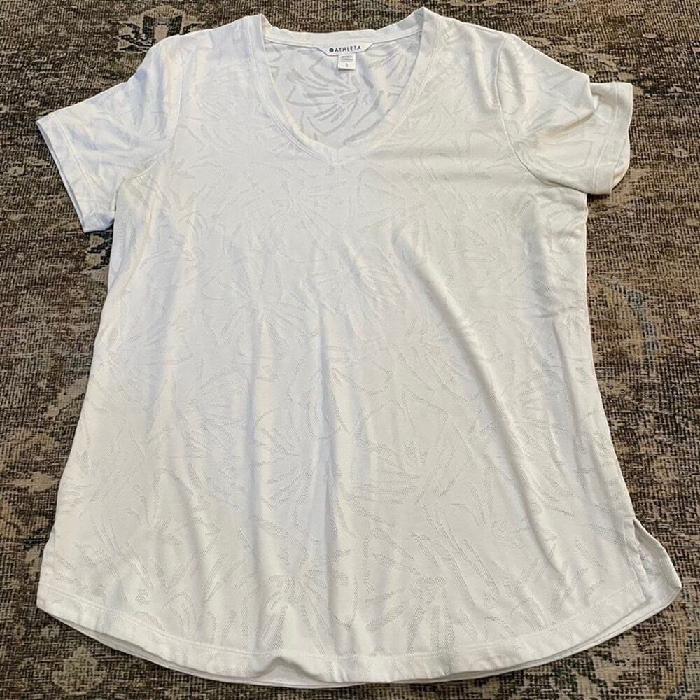 Athleta Large White Burnout Palm Leaf V-Neck Athletic Tee Short Sleeve Top